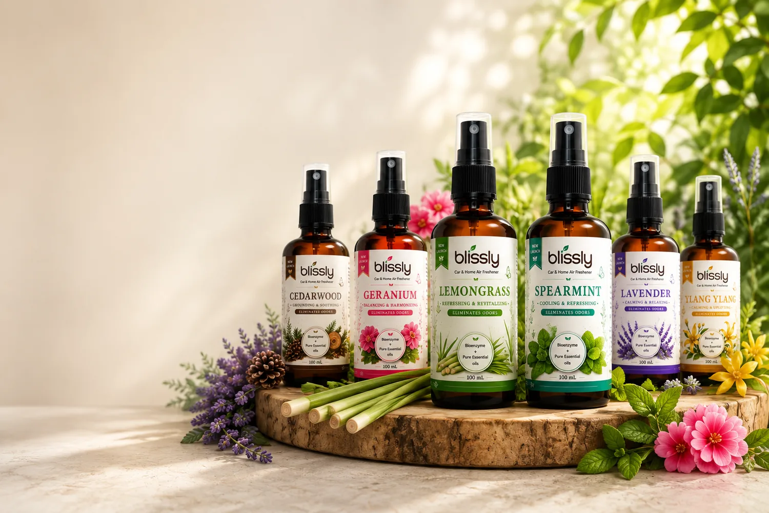 Blissly fragrance bottles — Cedarwood, Geranium, Lemongrass, Spearmint, Lavender and Ylang Ylang — styled with botanicals on a wooden tray